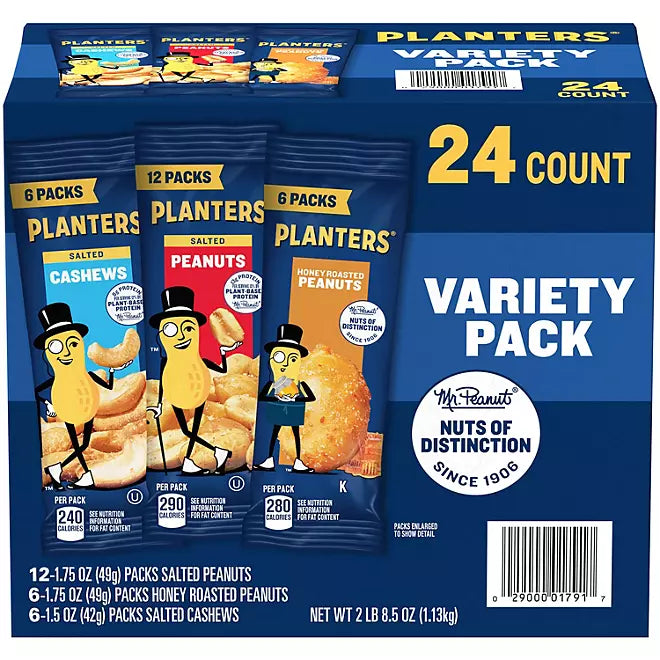 Planters Variety Pack Cashews & Peanuts, 24 pack - Wholesale