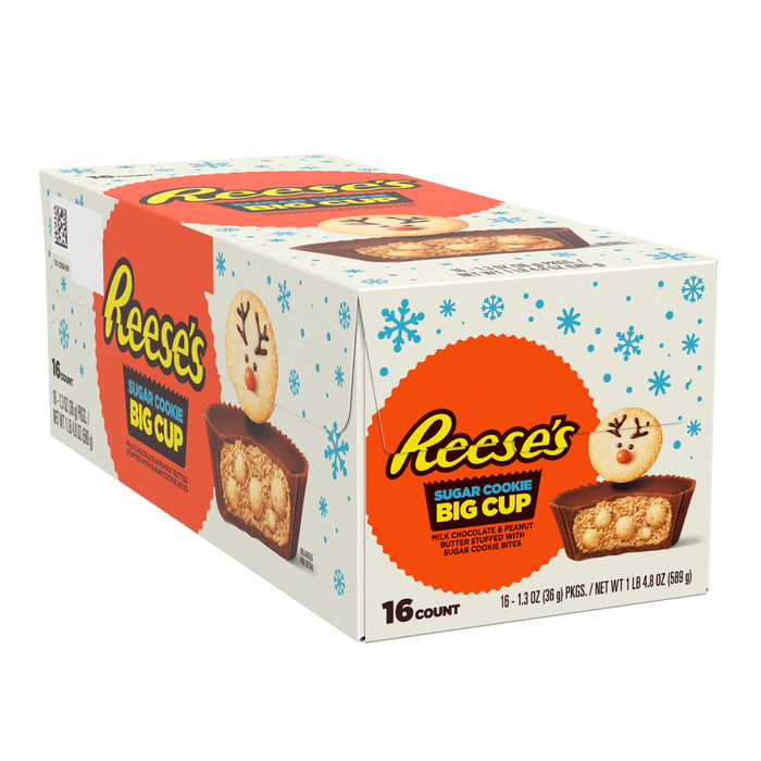 REESE'S Big Cup Sugar Cookie Milk Chocolate Peanut Butter Cups, Christmas Candy Packs, 1.3 oz (16 Count)