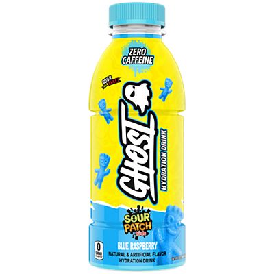 GHOST Hydration Drink, Sour Patch Kids Blue Raspberry - RTD Sports Drinks with Electrolytes for Hydration - Beverage for Athletes - Zero Caffeine & Zero Sugars - 16.9 Fl Oz, 12 Pack