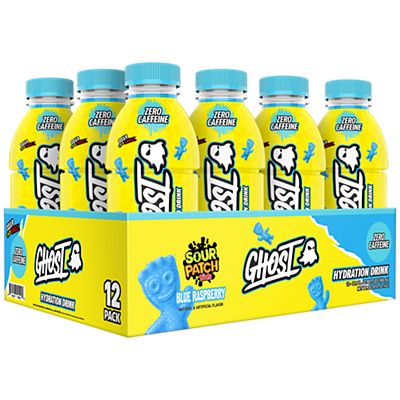 GHOST Hydration Drink, Sour Patch Kids Blue Raspberry - RTD Sports Drinks with Electrolytes for Hydration - Beverage for Athletes - Zero Caffeine & Zero Sugars - 16.9 Fl Oz, 12 Pack