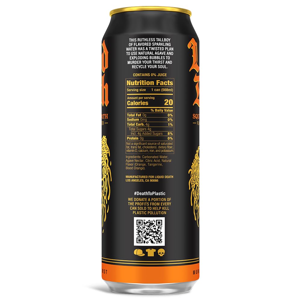Liquid Death Flavored Sparkling Water with Agave, Squeezed to Death (Orange), 19.2oz King Size Cans (8-Pack)
