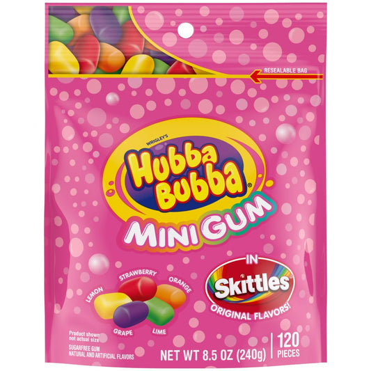 HUBBA BUBBA Minis SKITTLES Flavored Bubble Gum Sugar Free, 120 Ct Resealable Bulk Bag (Pack of 8)