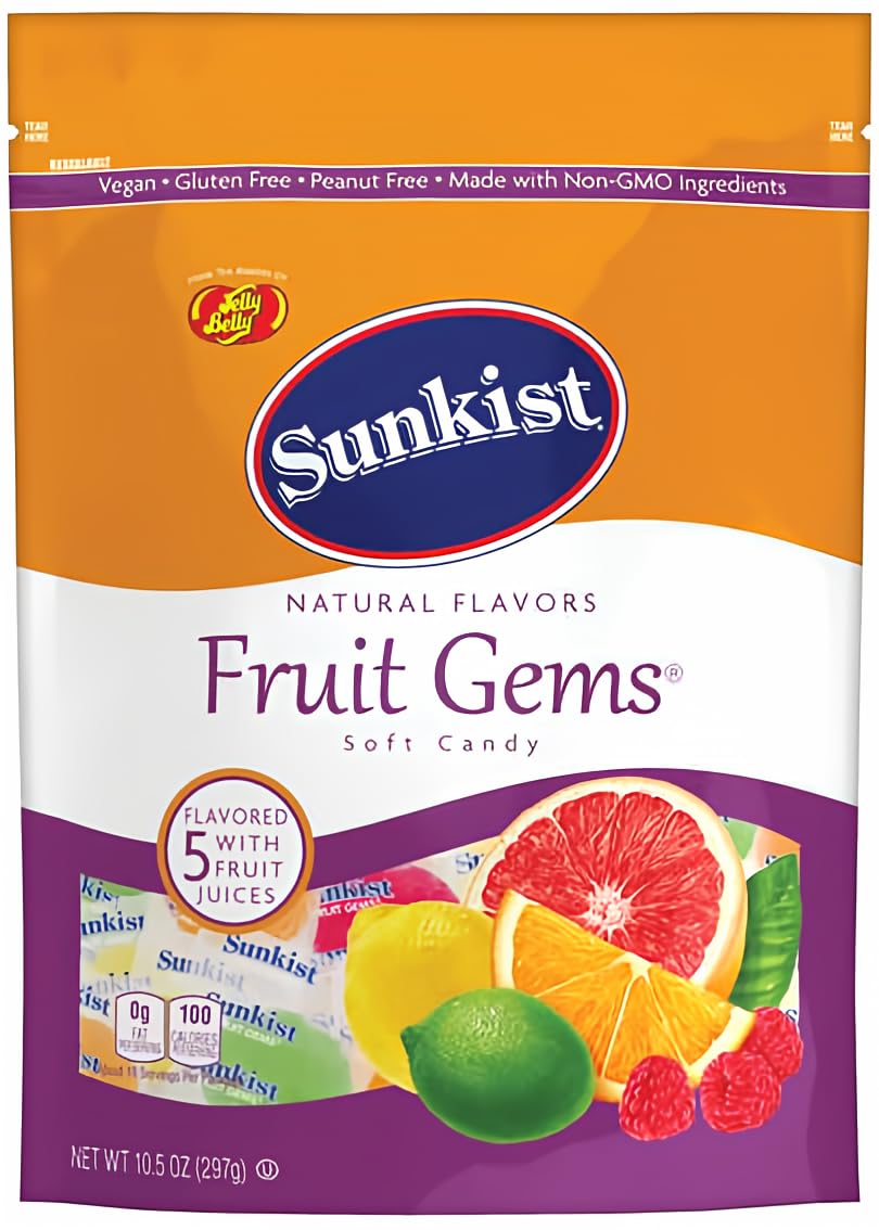 Jelly Belly Sunkist Assorted Fruit Gems, Resealable 10.5 Ounce Pouch Bag - 5 Intense Fruit Flavors, non-GMO, Individually Wrapped Candy - RARE