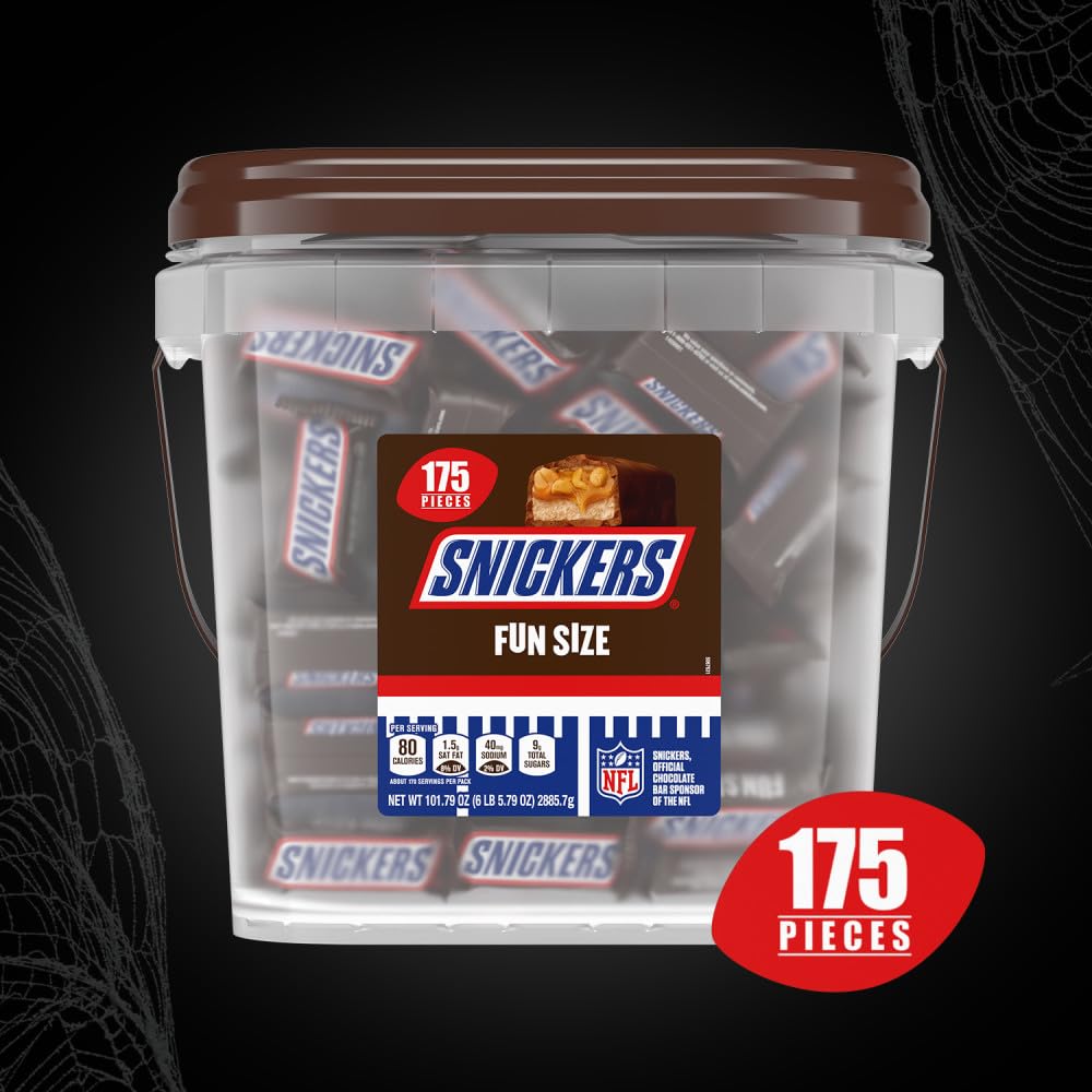 SNICKERS Fun Size Milk Chocolate Halloween Candy Bars, 175 Ct Bulk Resealable Bucket