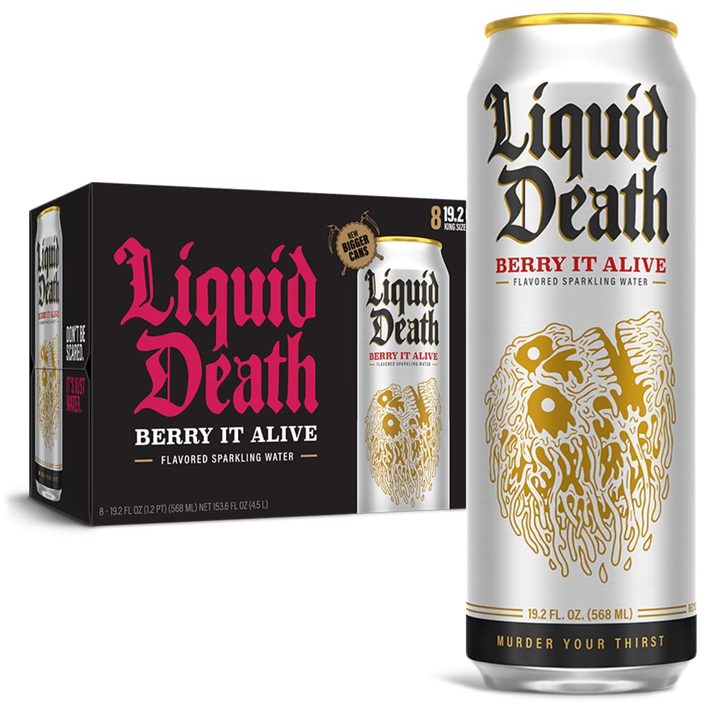 Liquid Death Flavored Sparkling Water with Agave, Berry It Alive, 19.2 oz King Size Cans (8-Pack)