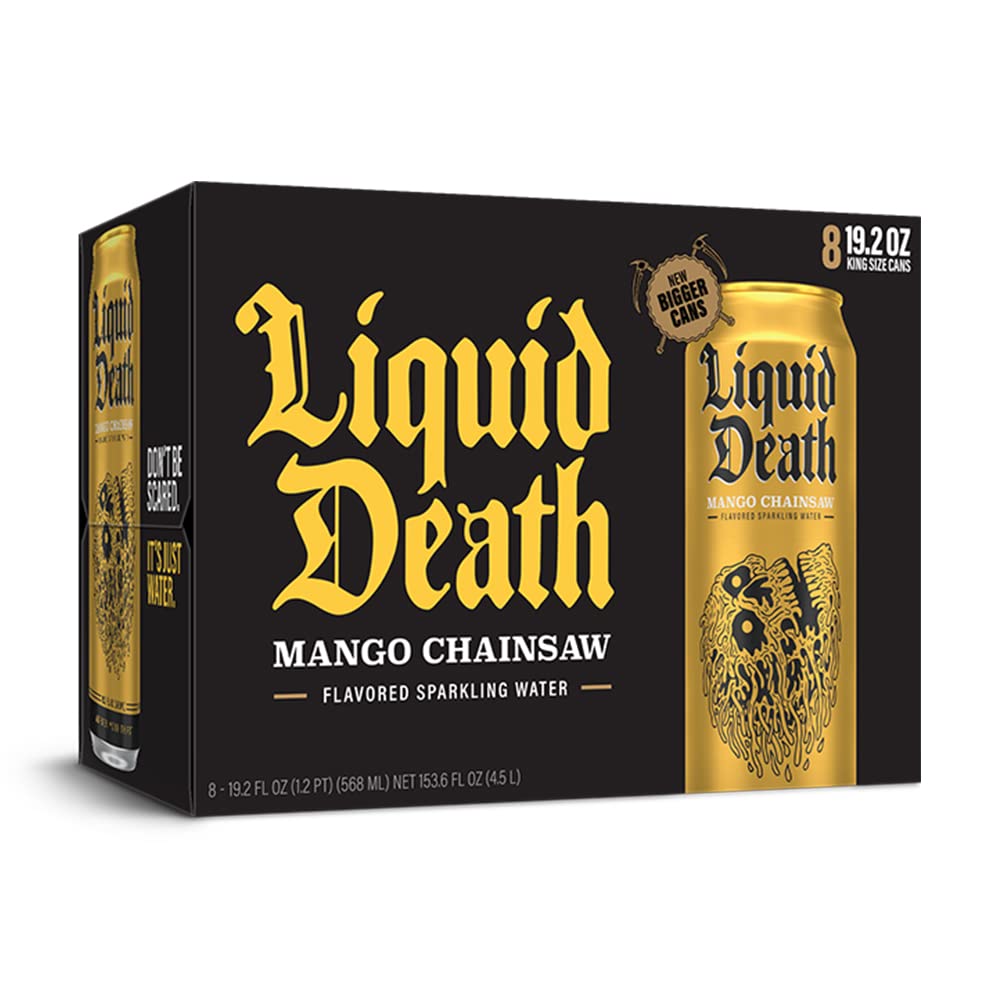 Liquid Death Flavored Sparkling Water with Agave, Mango Chainsaw, 19.2 oz King Size Cans (8-Pack)