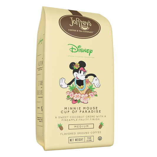 Joffrey's Coffee - Disney Minnie Mouse Cup of Paradise, Disney Specialty Coffee Collection, Flavored Coffee, Creamy Tropical Flavor, Artisan Medium Roast, Brew or French Press (Ground, 11oz)