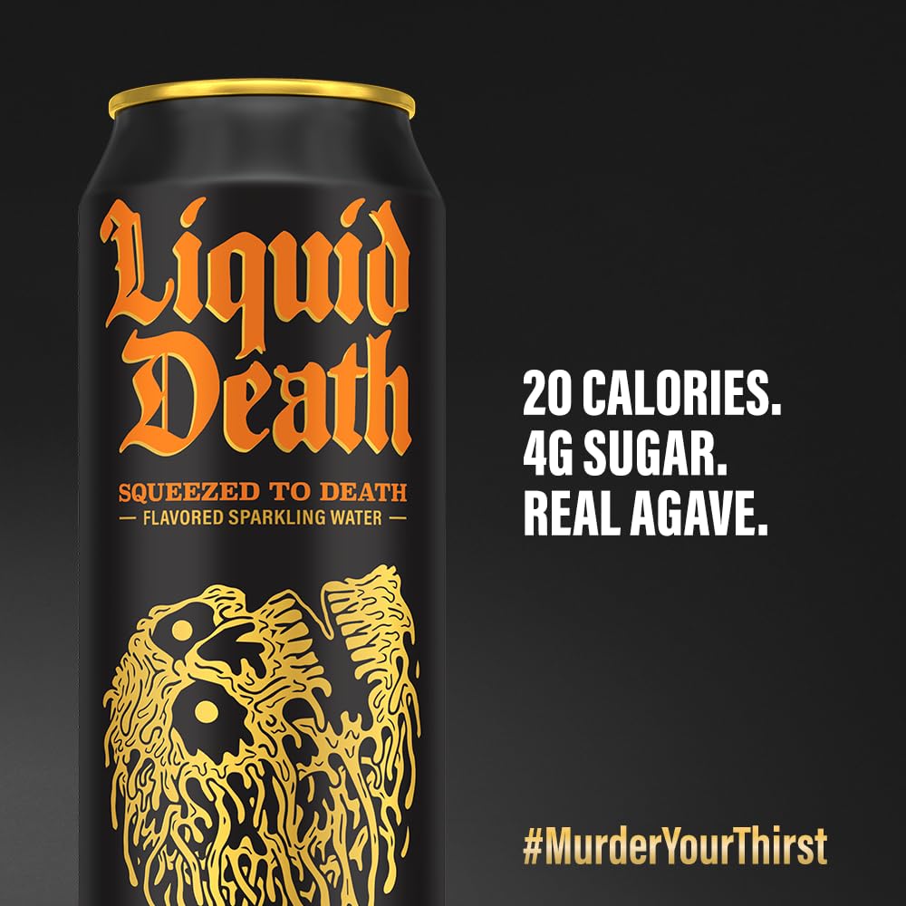 Liquid Death Flavored Sparkling Water with Agave, Squeezed to Death (Orange), 19.2oz King Size Cans (8-Pack)