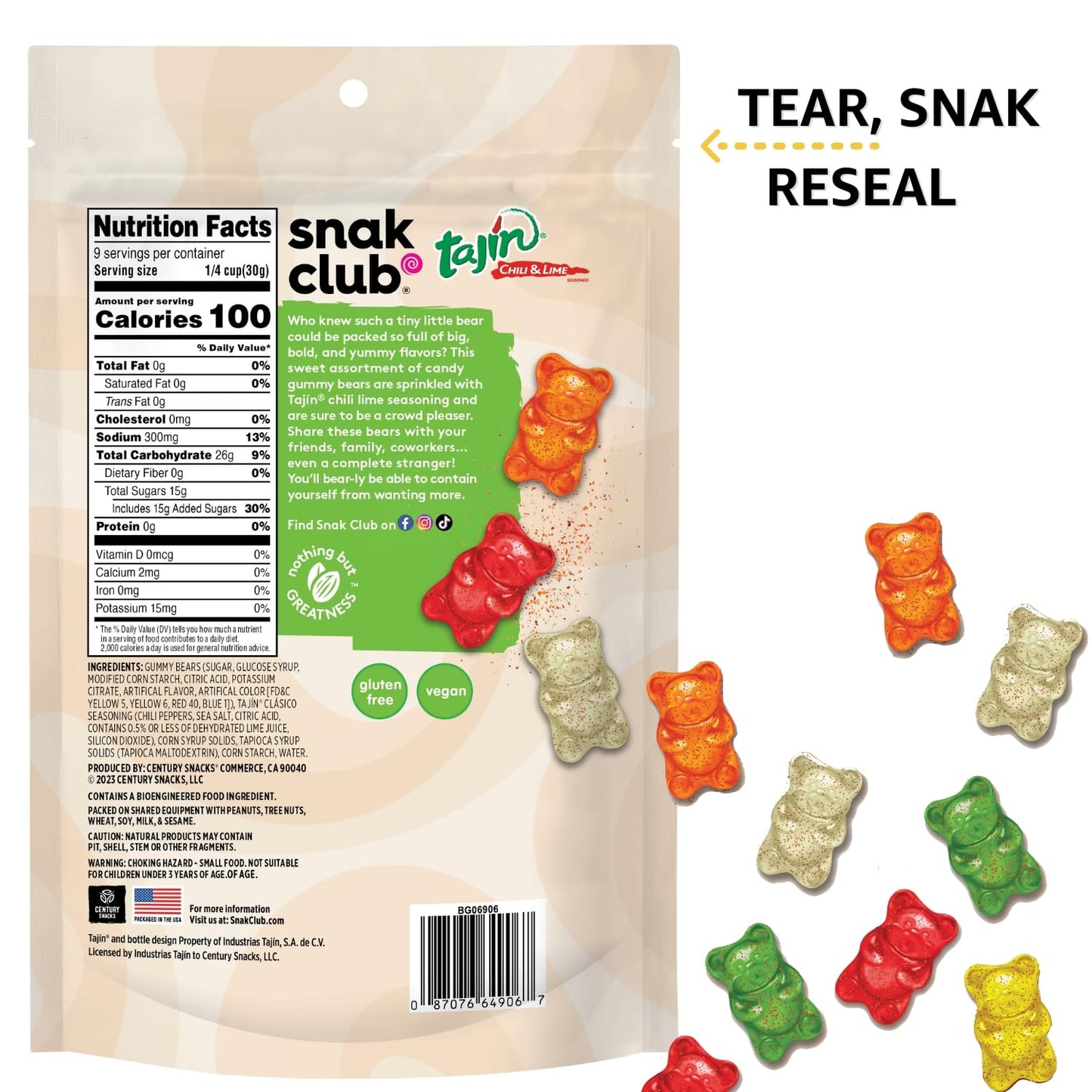 Snak Club Gummy Bears, Tajin Chili & Lime Sweet and Spicy Gummy Candy, Mild in Heat Bold in Flavor, Vegan, Gluten-Free Snack, 9 oz Large Resealable Bag