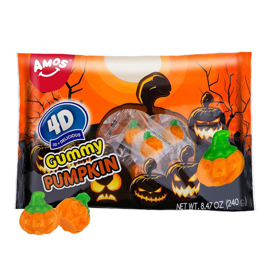 Amos Halloween Pumpkin Candies, 8.47oz Pack Individually Wrapped 30 Pieces, 4D Gummy Fall Pumpkins - Trick or Treat Bags