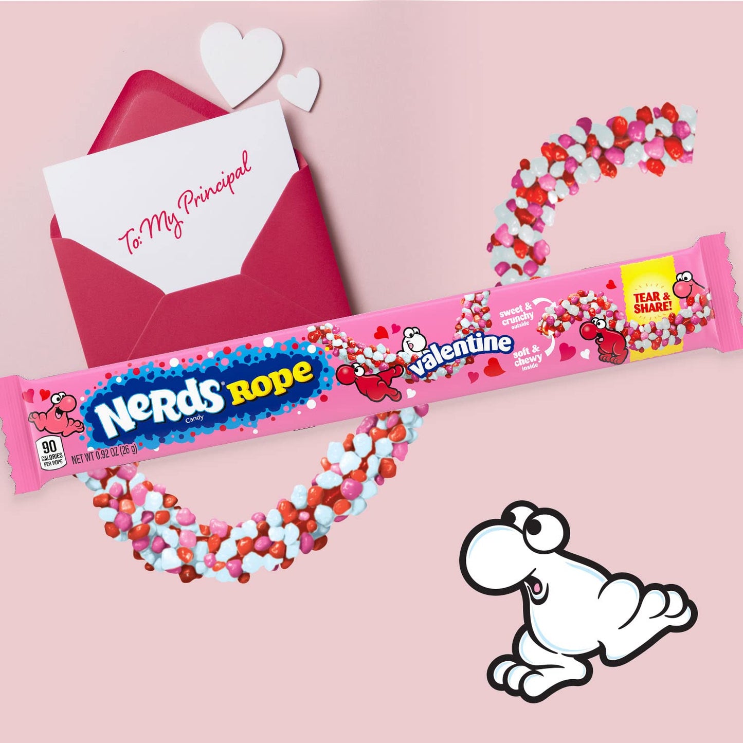 NERDS Rope Valentine Candy | Sweet and Sour Candy Individually Wrapped, Valentine's Day Pink, White, and Red Rope Colorful Candy, 0.92oz, Pack of 24