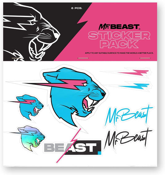 MrBeast Original Vinyl Stickers Pack, 8 Assorted Aesthetic Stickers with Shiny Hologram, Individual Stickers, Waterproof Sticker Decal, Teen Boy Gifts