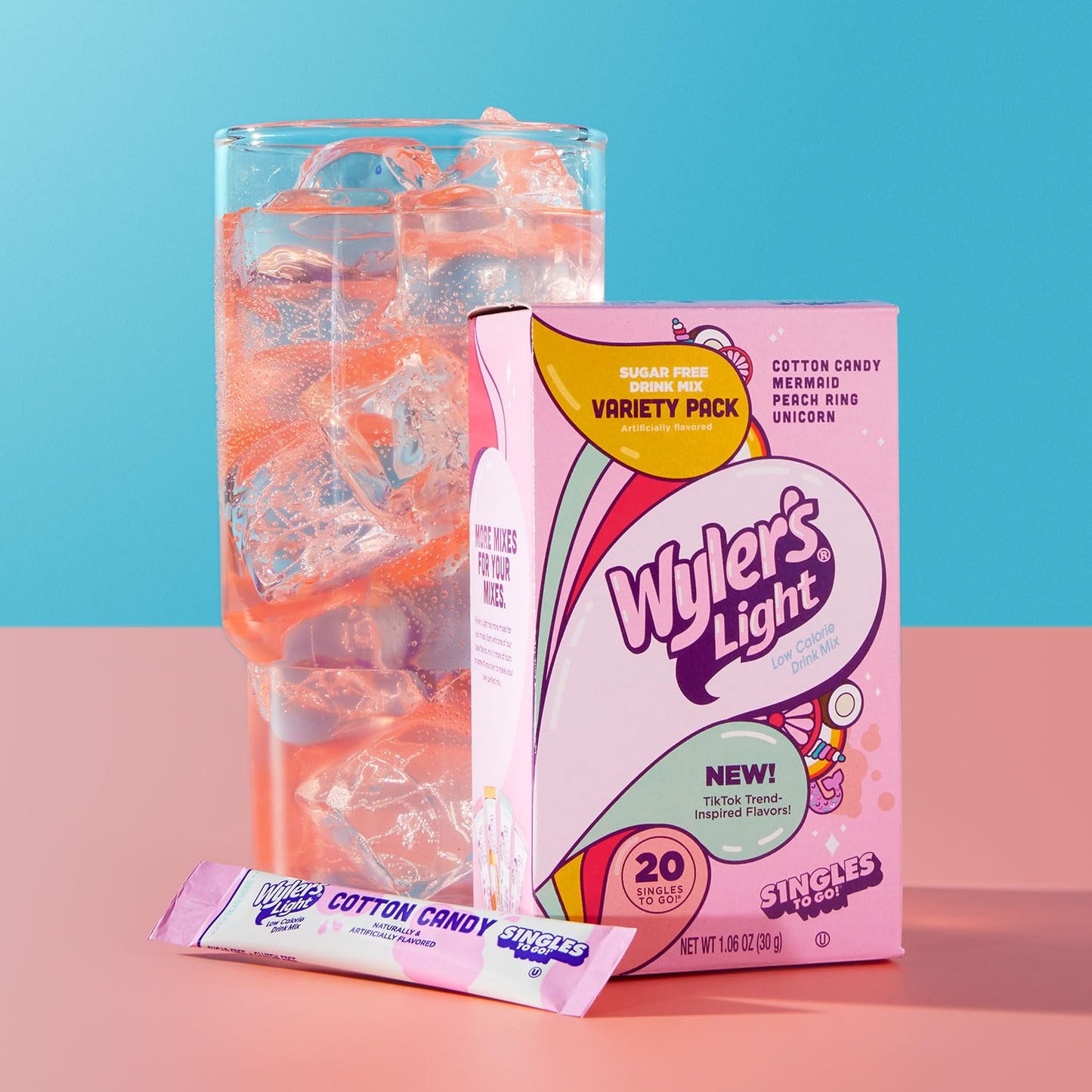 Wyler's Light Singles to Go Powder,Drink Mix, Variety Pack, Watertok Fun Flavors, Cotton Candy, Mermaid, Peach Ring, Unicorn, Sugar & Caffeine Free, On-The-Go, 20 Count