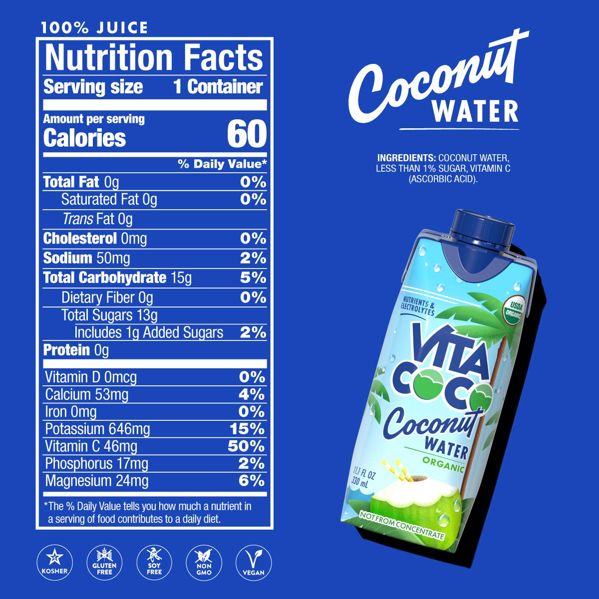 Vita Coco Coconut Water, Pure Organic - Natural Electrolytes 11.1 Oz (Pack Of 12)