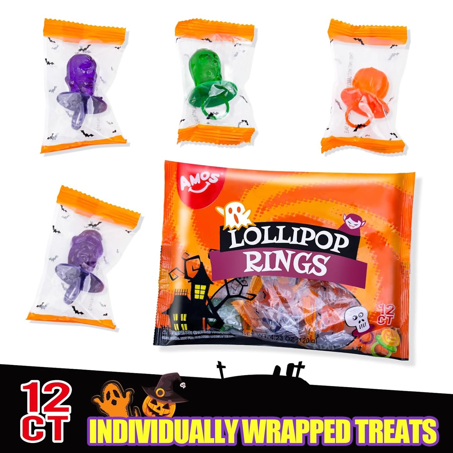 AMOS Lollipop Finger Rings,Individually Wrapped Halloween Candy Pops Ring Sucker- Great for Holiday Gift,12 Count