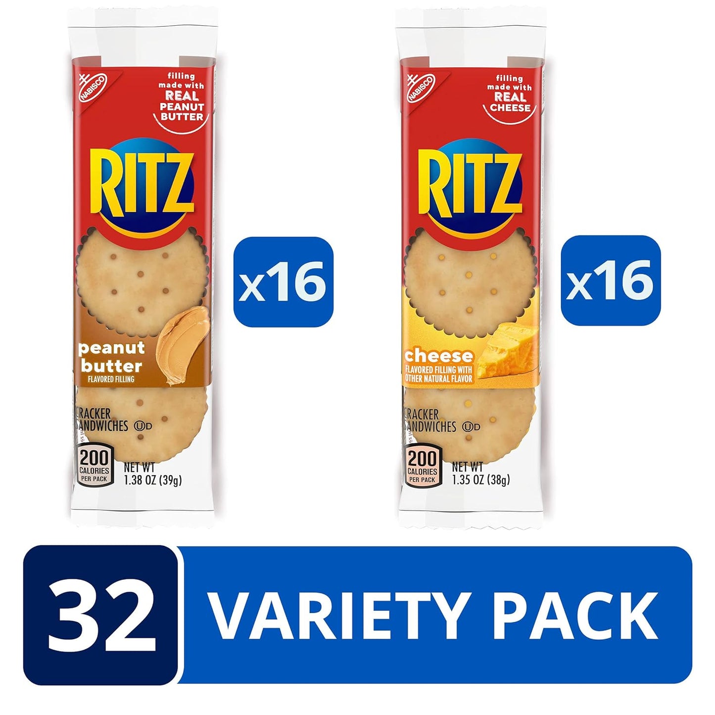 RITZ Peanut Butter Sandwich Cracker Snacks and Cheese Sandwich Crackers, Snack Crackers Variety Pack,, 32 Snack Packs