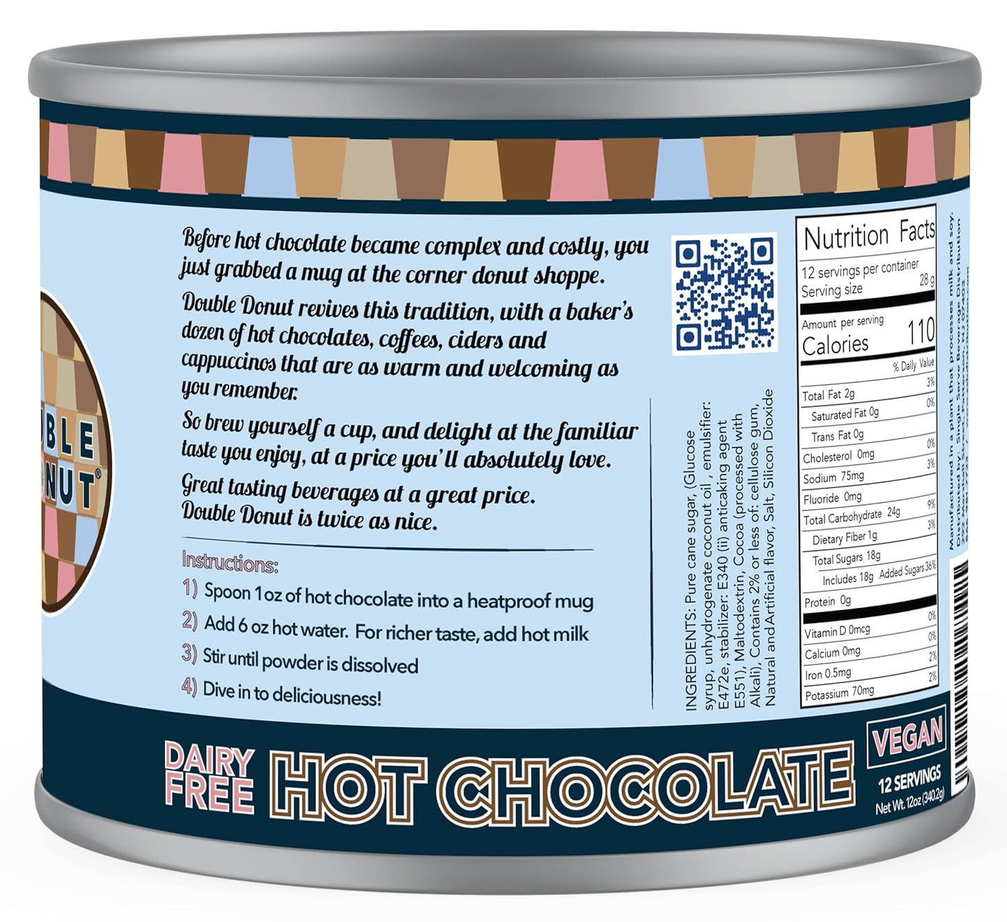 Double Donut Dairy Free Hot Chocolate Mix, Non Dairy Instant Vegan Hot Chocolate Mix, 12 Ounce