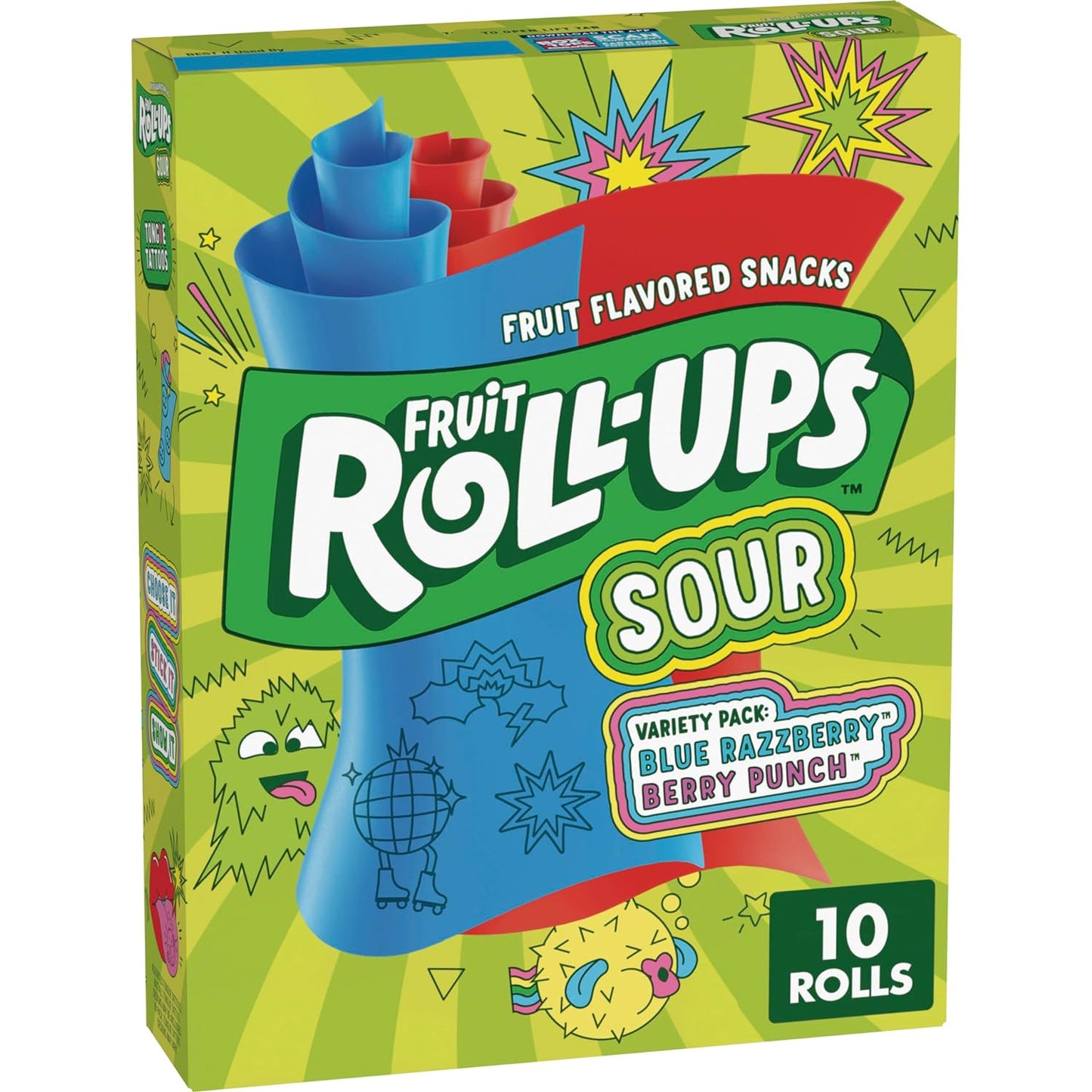 NEW ! Fruit Roll-Ups SOUR , Blue Razzberry & Berry Punch Flavors, Variety Pack 5 oz (10 Count)