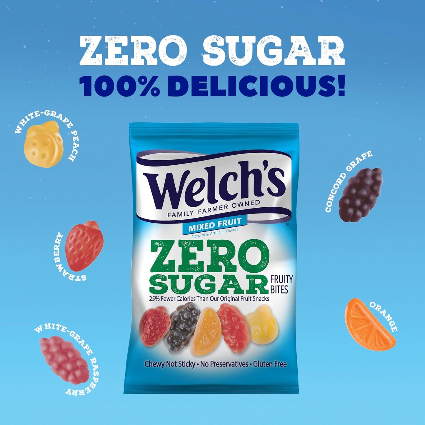 Welch’s Fruit Snacks, Zero Sugar Fruity Bites, Perfect for School Lunches, Mixed Fruit, Gluten Free, 3 oz (Pack of 1)