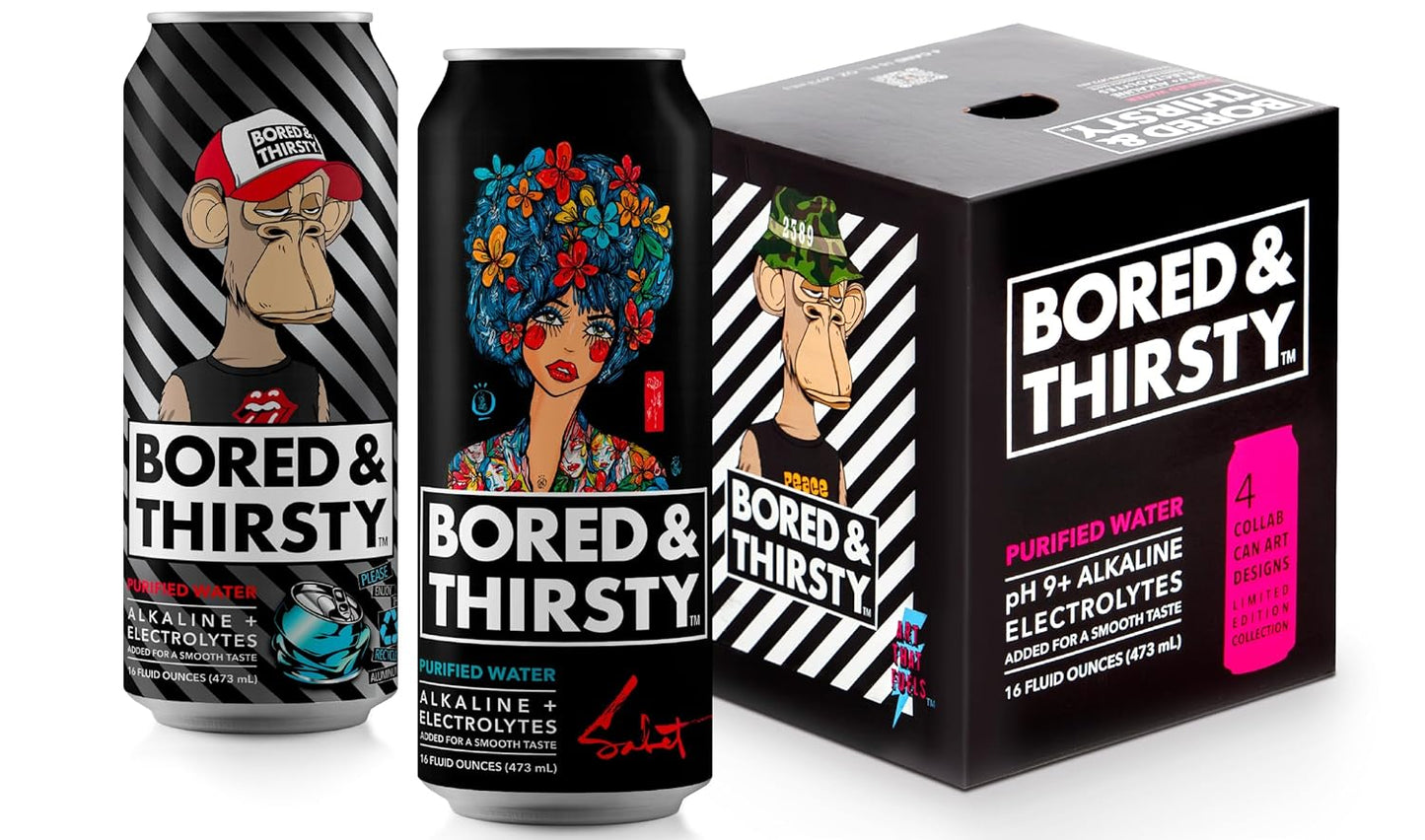 Bored & Thirsty Ionized Alkaline Water with Electrolytes & Trace Minerals for a Smooth Taste. Limited Edition Art Collabs 100% Recyclable 16 Fl Oz Aluminum Cans (4 Pack).