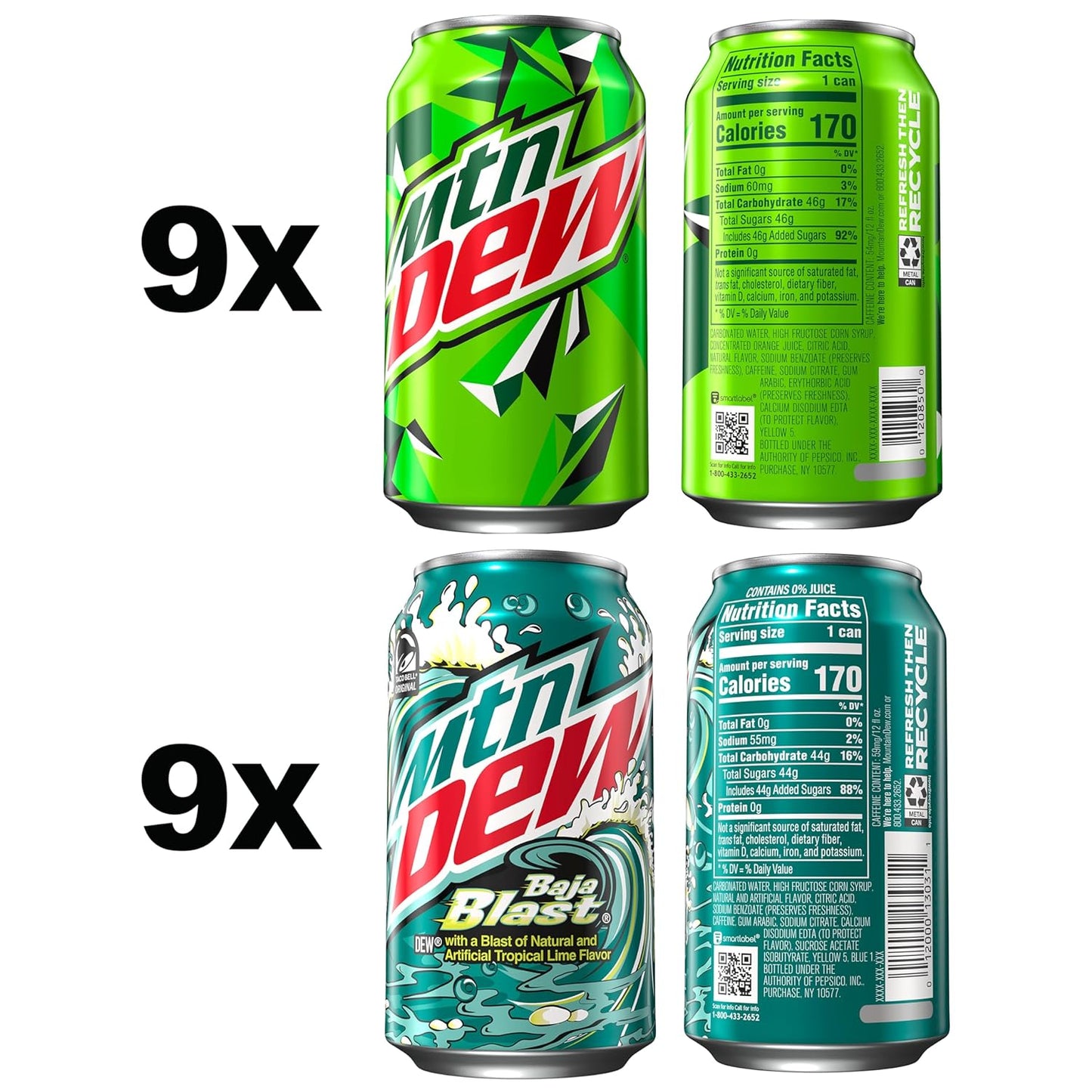 Mountain Dew, 2 Flavor Baja Blast Variety Pack - Baja Blast, Original Dew - 12 Fl Oz Cans (Pack of 18)