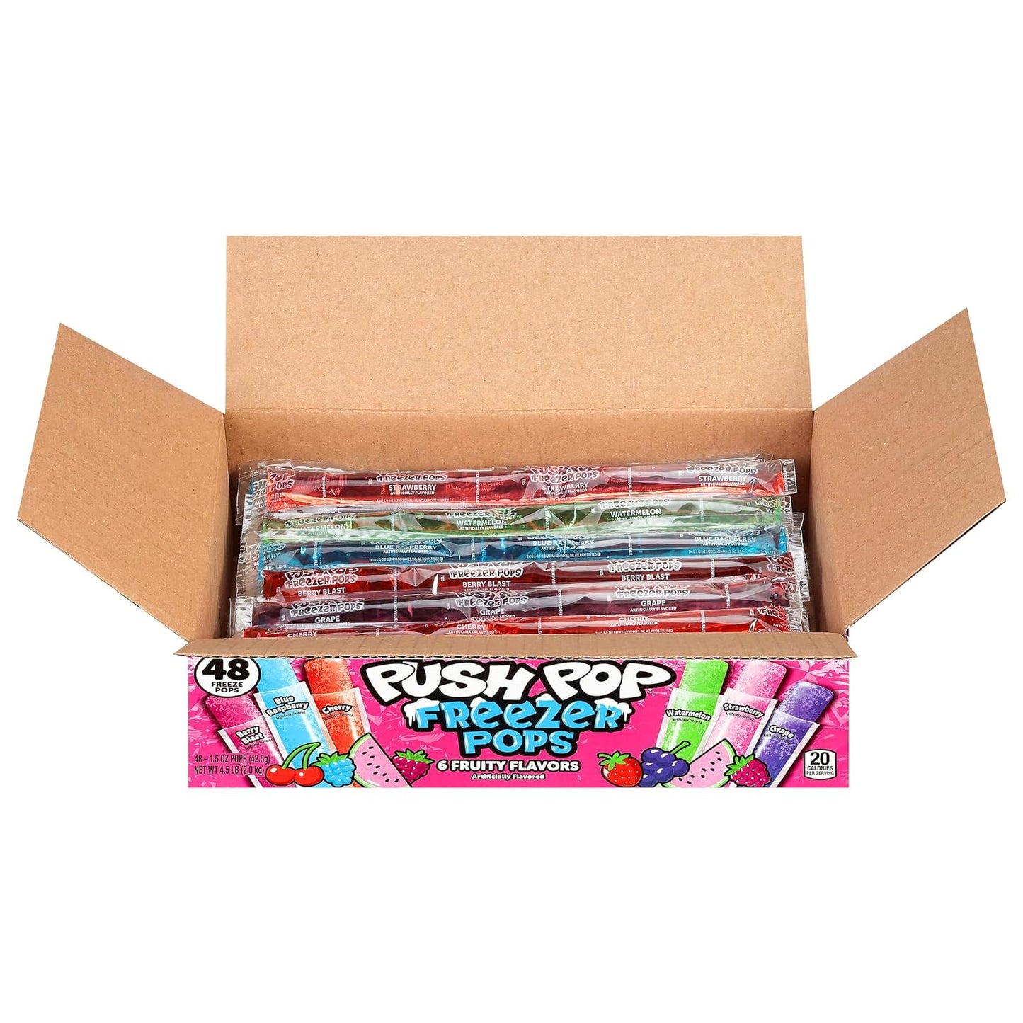 Push Pop Freezer Pops - Ice Popsicles  Variety Pack - 6 Classic Fruity Flavors - Ice Pops for Summer - 48 Count