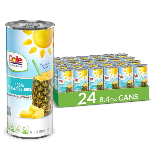 Dole 100% Pineapple Juice, No Added Sugar, Excellent Source of Vitamin C, 100% Fruit Juice, 8.4 Fl Oz, 24 Cans