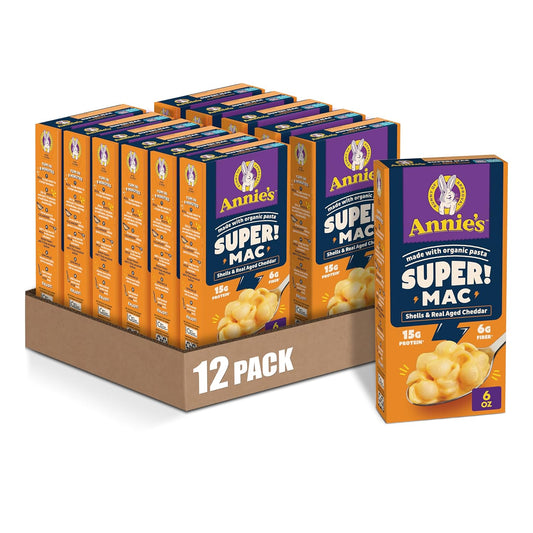 Annie's Super! Mac, Protein Macaroni And Cheese Dinner, Shells & Real Aged Cheddar, 6 oz. (Pack of 12)