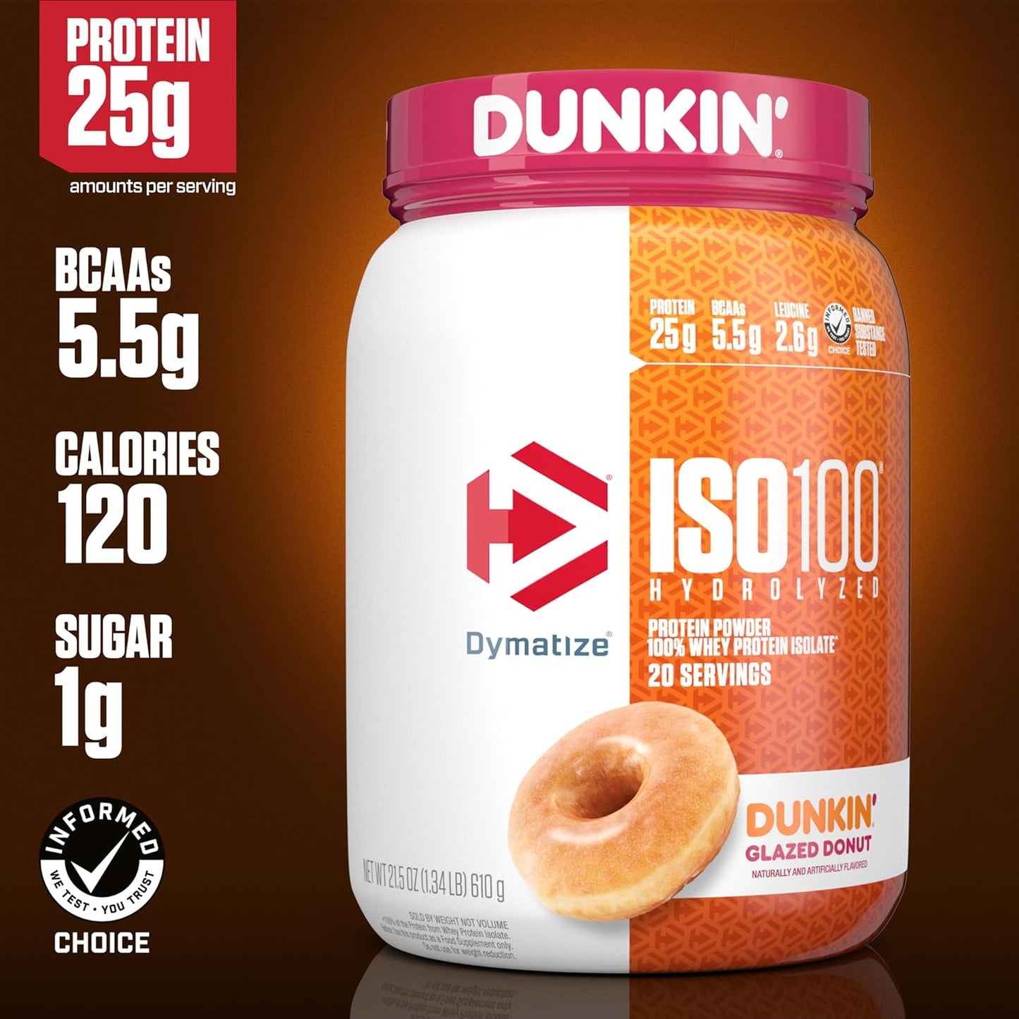 Dymatize ISO100 Hydrolyzed Protein Powder, 100% Whey Isolate, Dunkin' Glazed Donut Flavor, 20 Servings, Gluten-Free