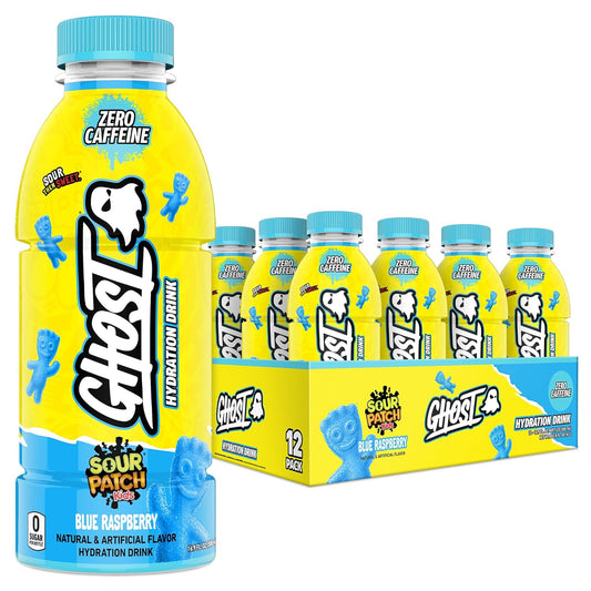 GHOST Hydration Drink, Sour Patch Kids Blue Raspberry - RTD Sports Drinks with Electrolytes for Hydration - Beverage for Athletes - Zero Caffeine & Zero Sugars - 16.9 Fl Oz, 12 Pack