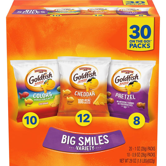 Goldfish Crackers Big Smiles Variety Pack with Cheddar, Colors, and Pretzels, 30 Ct