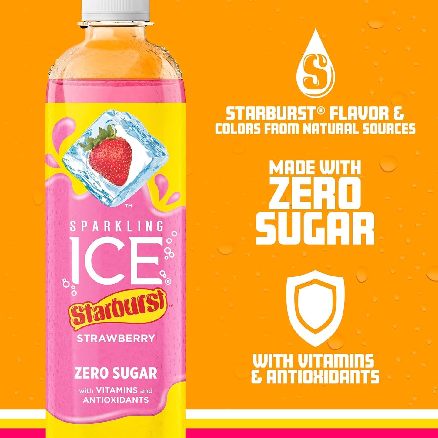 Sparkling Ice STARBURST Strawberry, Zero Sugar Flavored Sparkling Water, with Vitamins and Antioxidants, Low Calorie Beverage, 17 fl oz Bottles (Pack of 12)