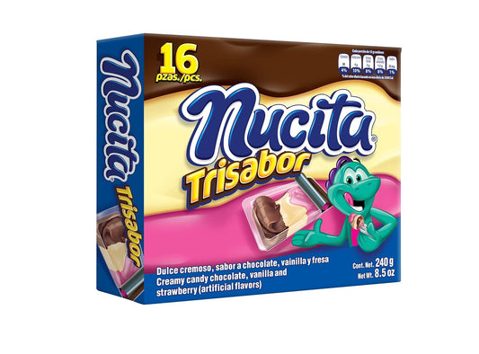 Nucita Trisabor Box | Chocolate, Vanilla & Strawberry Flavors | 8.5 Ounce (16 pcs) With Mini Spoons - Mexico