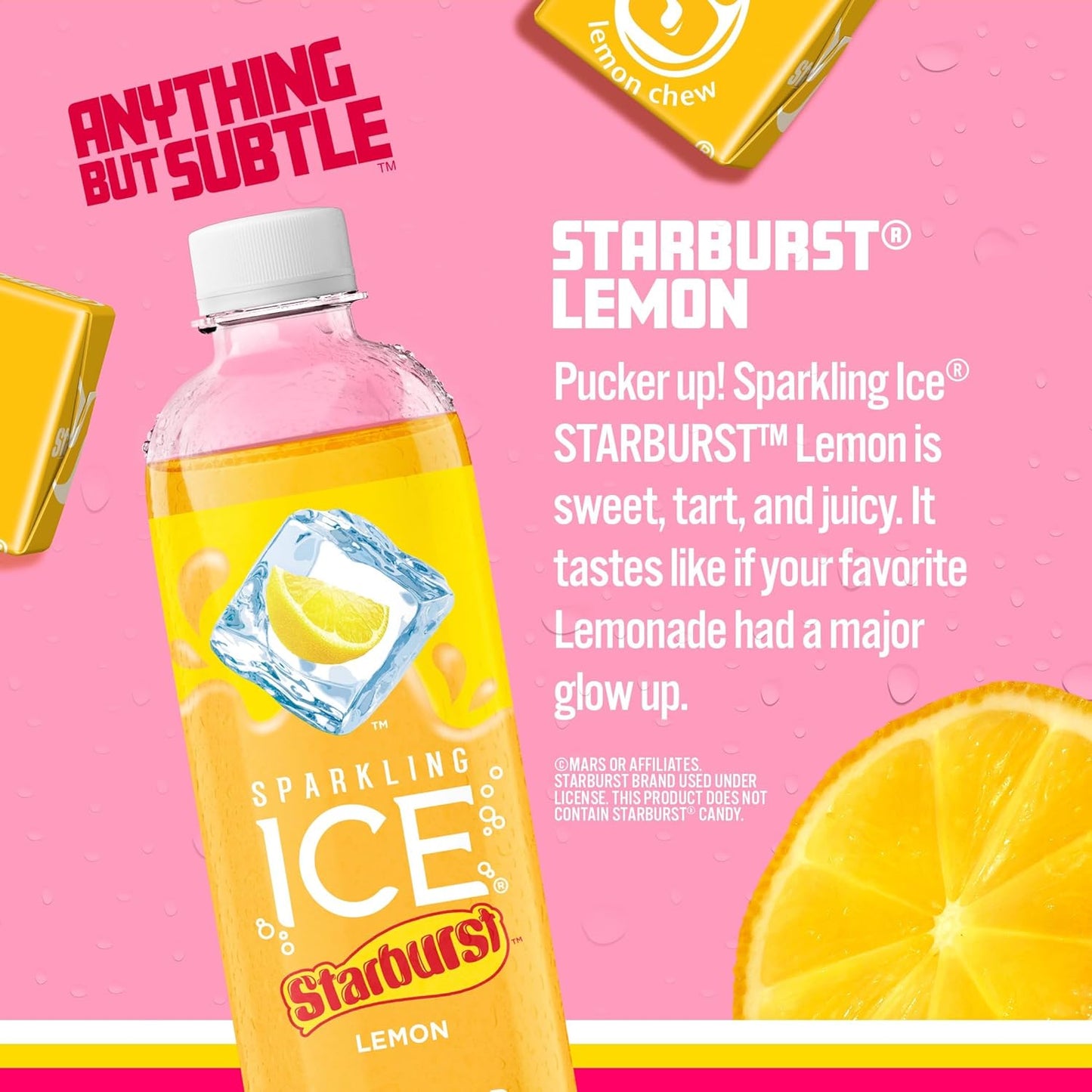 Sparkling Ice STARBURST Lemon, Zero Sugar Flavored Sparkling Water, with Vitamins and Antioxidants, Low Calorie Beverage, 17 fl oz Bottles (Pack of 12)