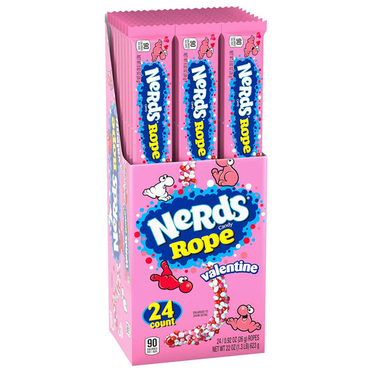 NERDS Rope Valentine Candy | Sweet and Sour Candy Individually Wrapped, Valentine's Day Pink, White, and Red Rope Colorful Candy, 0.92oz, Pack of 24