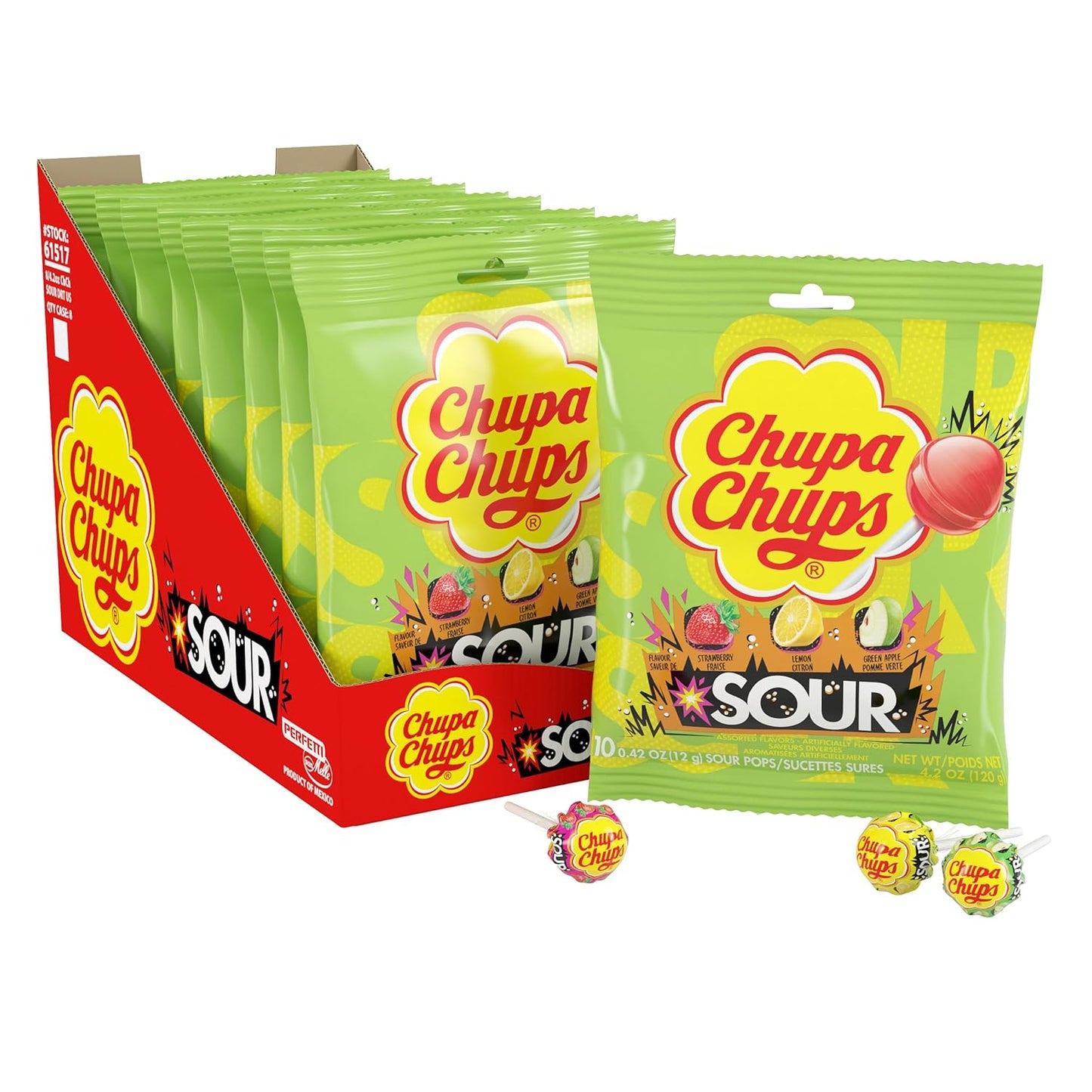 Chupa Chups SOUR Lollipops, Halloween Trick or Treat Candy Variety Pack, Lemon, Strawbery, and Apple Flavored, Individually Wrapped Bulk Sour Candy Suckers for Adults & Kids, 4.2 oz Peg Bag (Pack of 8)