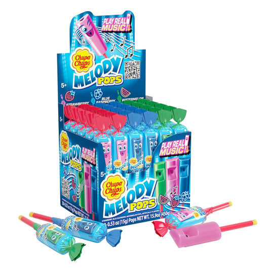 Chupa Chups Melody Pop, Assorted , Whistle Lollipops, Individually Wrapped Candy, 30 Count Showbox Case  Wholesale