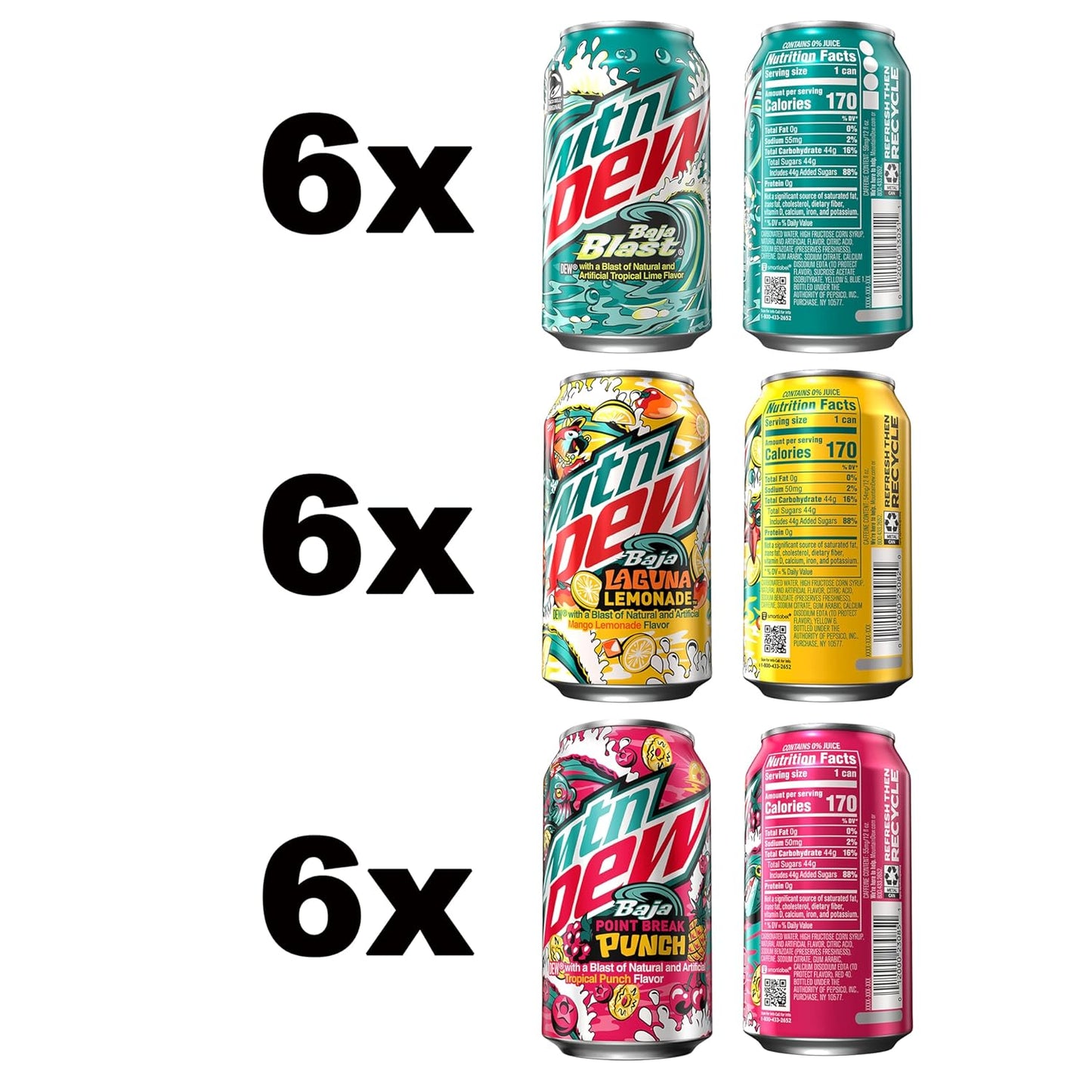 Mountain Dew Soda, 3 Flavor Variety Pack (Baja Blast, Baja Laguna Lemonade, Baja Point Break Punch), 12 Fl Oz Cans (Pack of 18) - Limited Edition