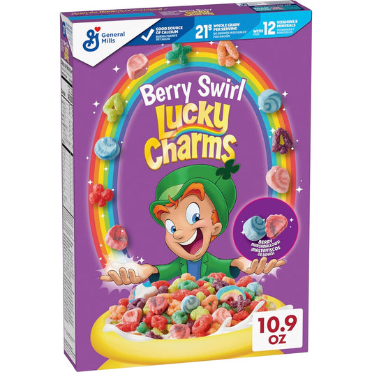 Lucky Charms Berry Swirl Breakfast Cereal with Marshmallows, Kids Breakfast Cereal, Made with Whole Grain, 10.9 oz - Rare