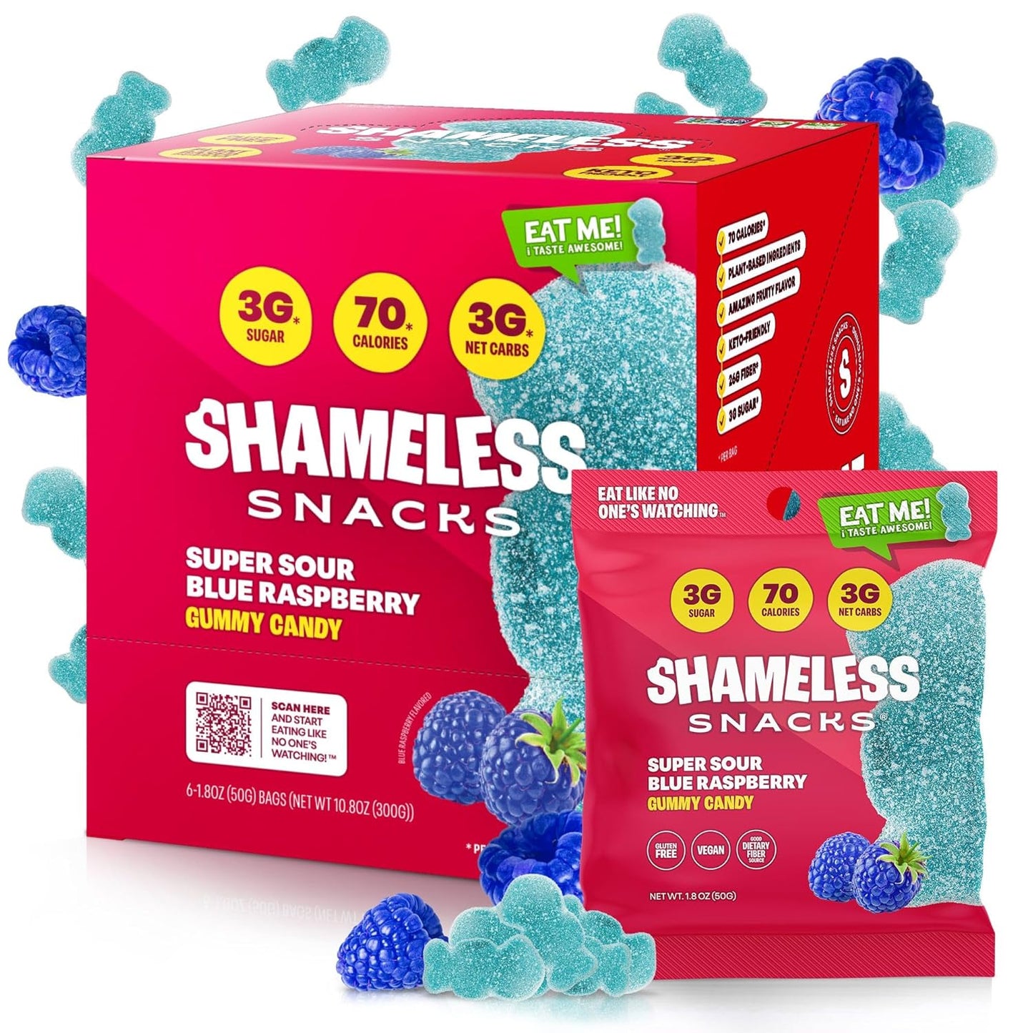 Shameless Snacks - Healthy Low Calorie Snacks, Low Carb Keto Gummies (Gluten Free Candy) - 6 Pack Sour Blue Raspberry