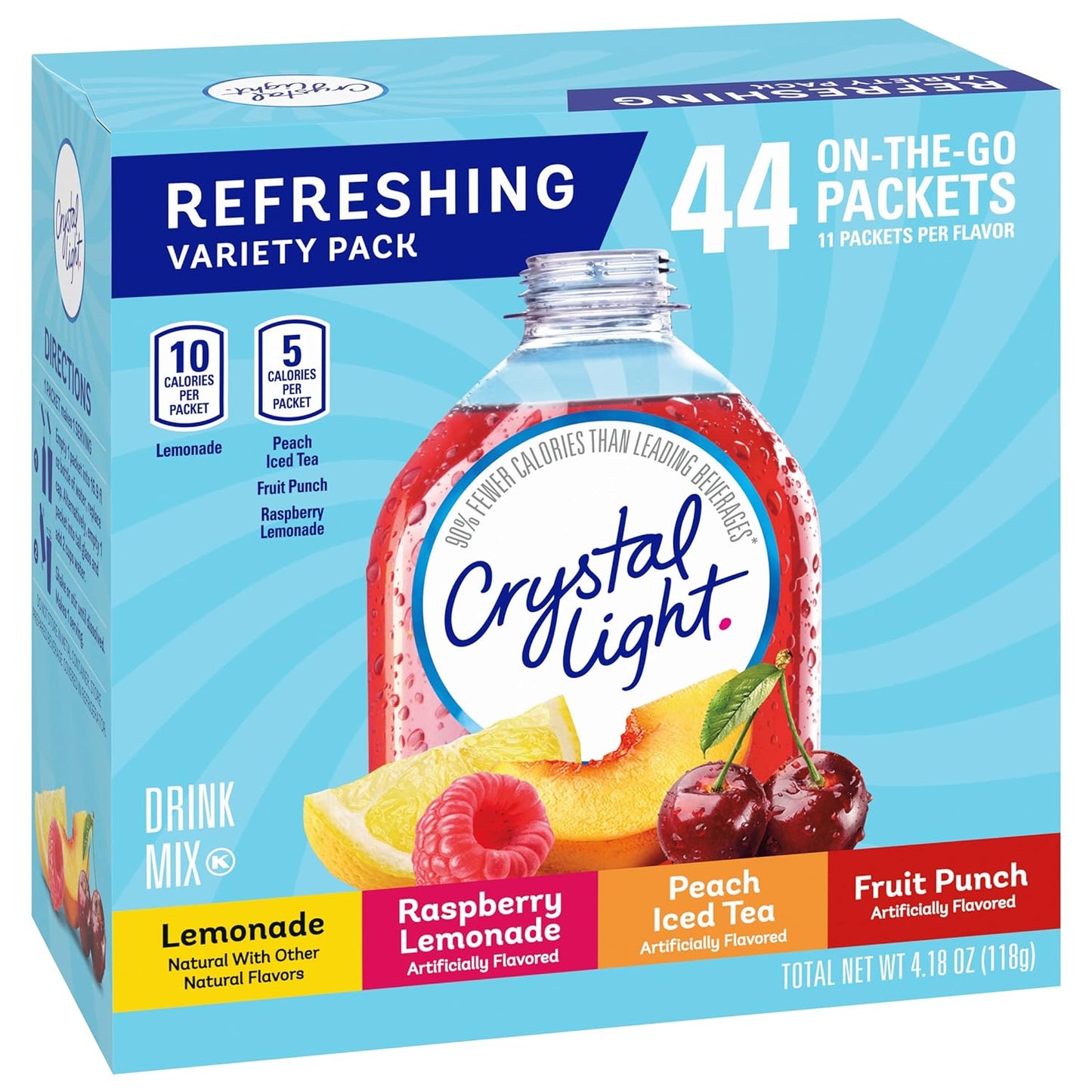 Crystal Light Lemonade, Raspberry Lemonade, Peach iced Tea, & Fruit Punch Powdered Drink Mix Singles Variety (44 Sticks - Individual Packets)