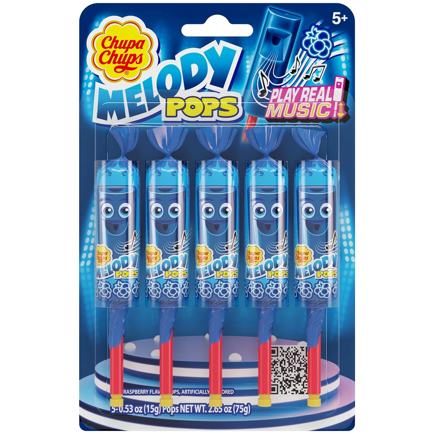 Chupa Chups Melody Pop, Blue Raspberry Flavor, Whistle Lollipops, Individually Wrapped Suckers, 5 Count Pack