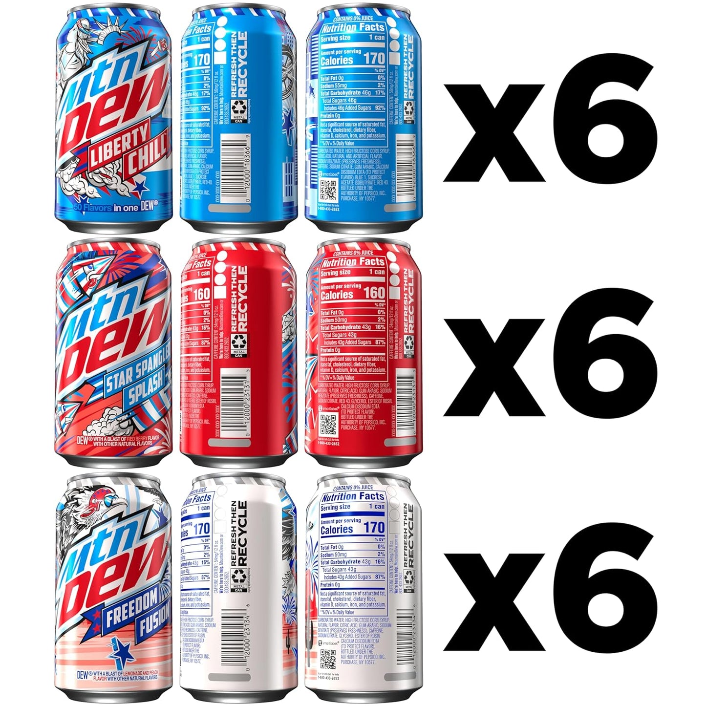 Mountain Dew, Red, White & Blue Summer, 3 Flavor Variety Pack, 12 Fl Oz Cans (Pack of 18)