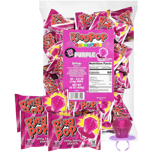 Ring Pop Colorfest Purple Very Berry Easter Candy - 30 Count Bulk Lollipop Pack - Individually Wrapped Lollipop Suckers - Candy For Party Favors, Purple Color Parties, Easter Basket Stuffers