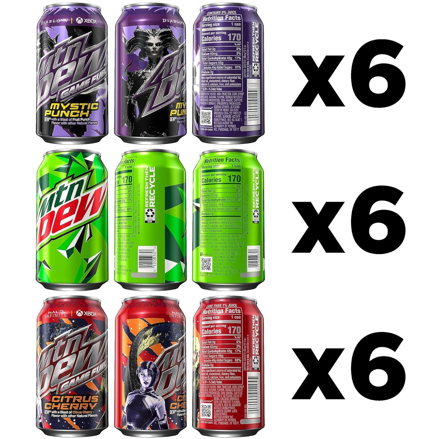 Mountain Dew Game Fuel 3 Flavor Variety Pack (Citrus Cherry, Mystic Punch, Original Dew), 12 Fl Oz (Pack of 18), Limited Time Offer