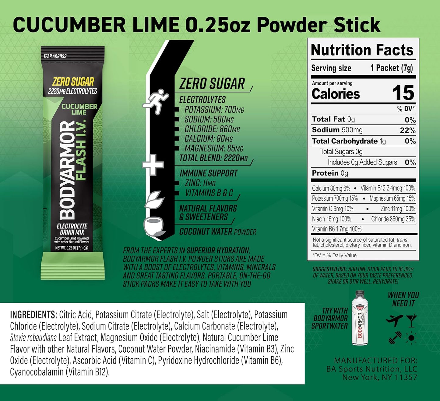 BODYARMOR Flash IV Electrolyte Packets, Cucumber Lime - Zero Sugar Drink Mix, Single Serve Packs, Coconut Water Powder, Hydration for Workout, Travel Essentials, Just Add Sticks to Liquid (6 Count)