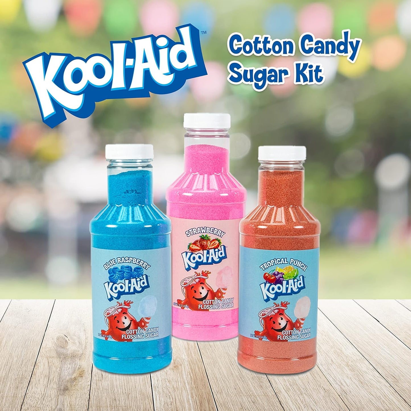 Nostalgia Kool-Aid Cotton Candy Flossing Sugar Party Kit 3-Pack, Blue Raspberry, Strawberry, Tropical Punch, 3 - 16oz Bottles of Cotton Candy Sugar Mix