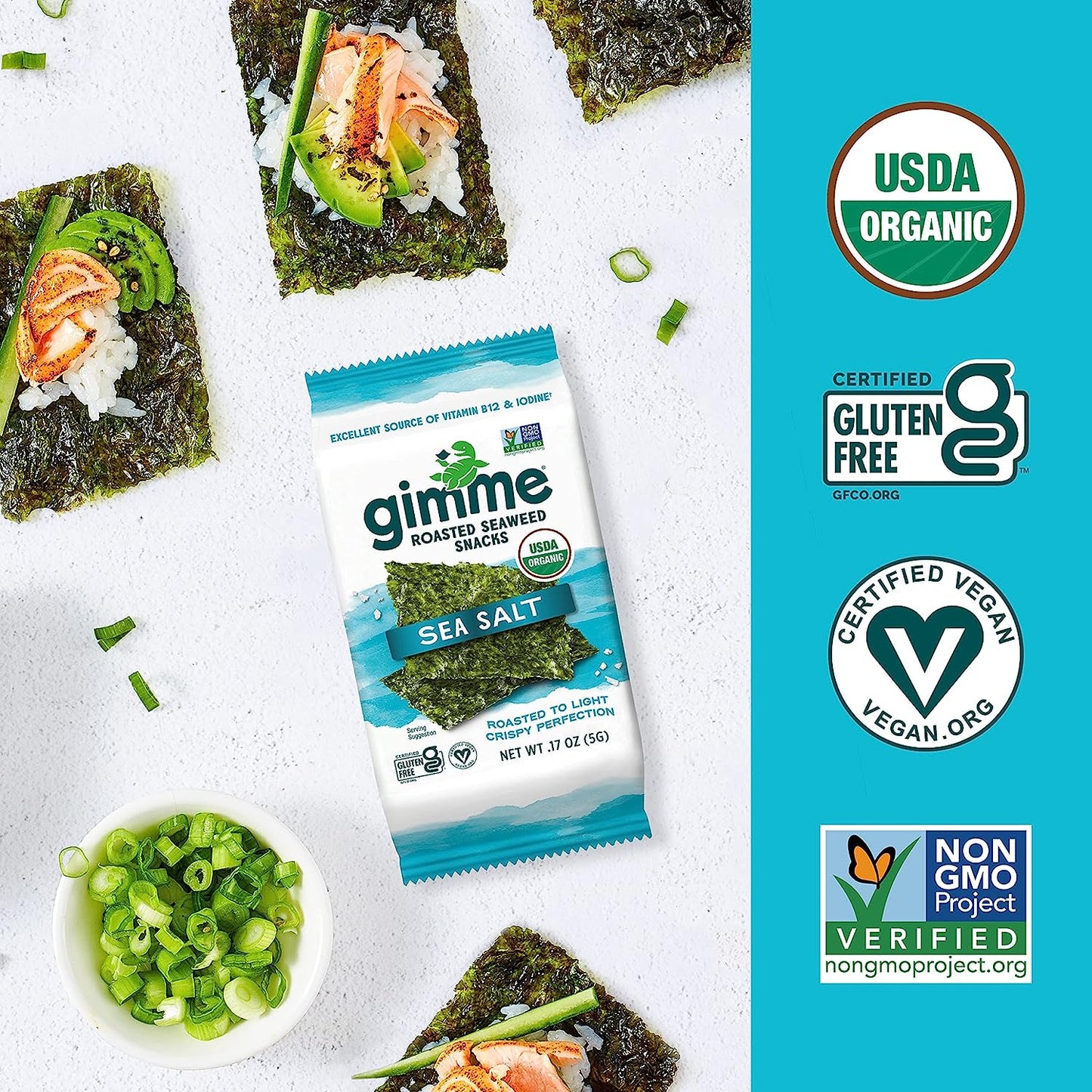 gimMe - Sea Salt - 20 Count - Organic Roasted Seaweed Sheets - Keto, Vegan, Gluten Free - Great Source of Iodine & Omega 3’s - Healthy On-The-Go Snack for Kids & Adults