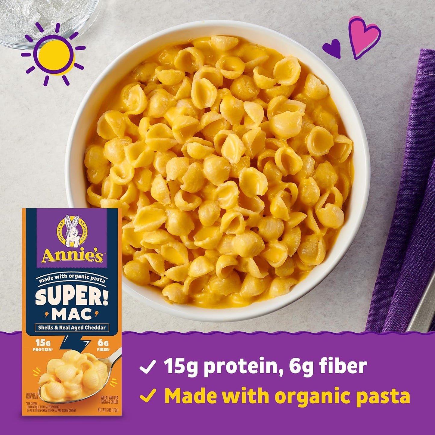 Annie's Super! Mac, Protein Macaroni And Cheese Dinner, Shells & Real Aged Cheddar, 6 oz. (Pack of 12)