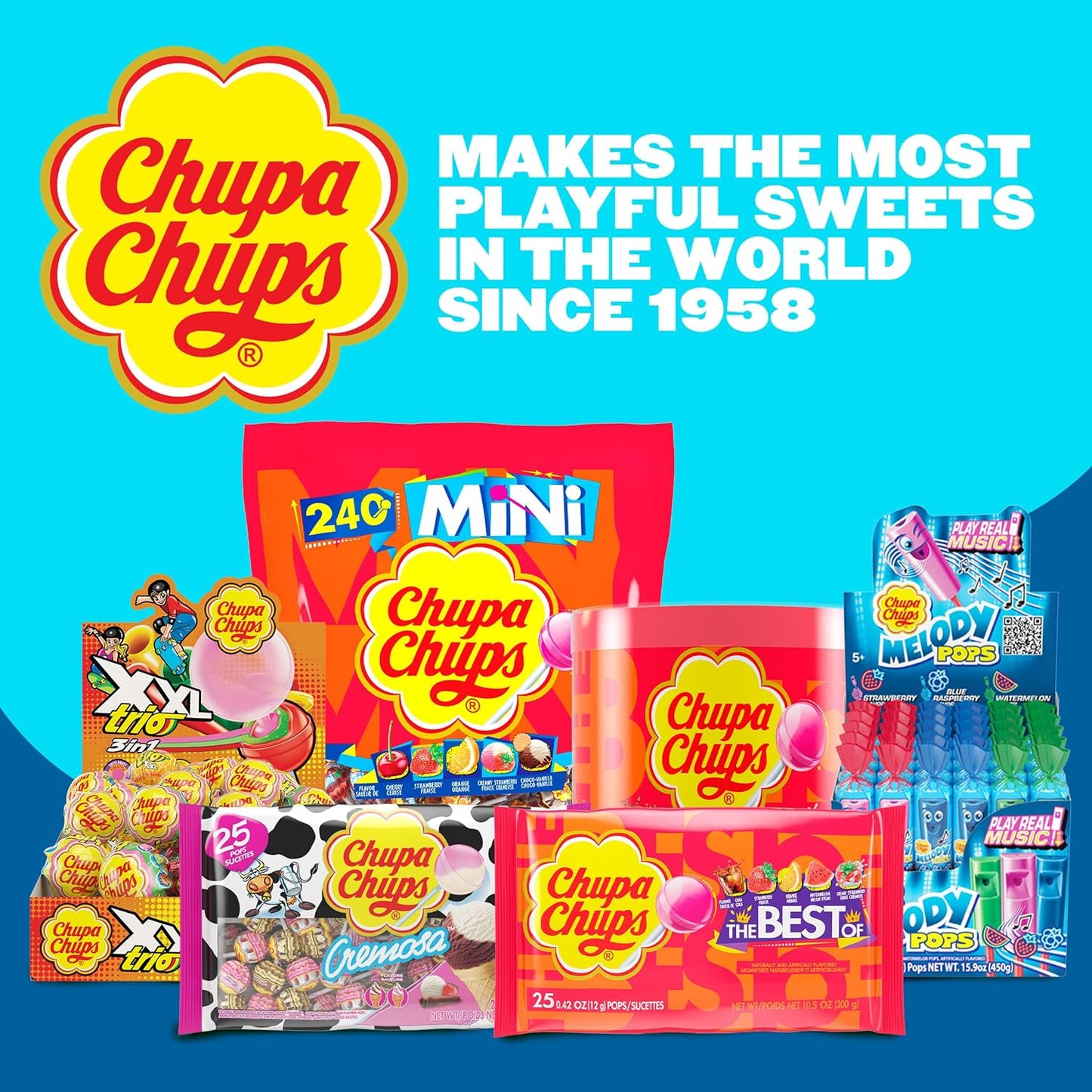 Chupa Chups Melody Pop, Blue Raspberry Flavor, Whistle Lollipops, Individually Wrapped Suckers, 5 Count Pack